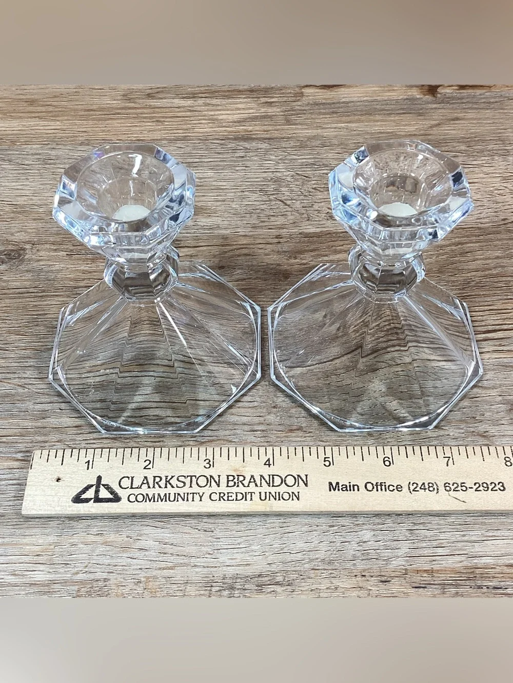 Pair Glass Candlestick Holders with Holiday Candle Rings